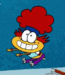 a cartoon character with red hair and a blue hat is flying in the air .