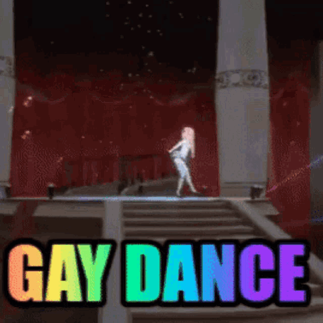 a woman is dancing on a stage with the words gay dance below her