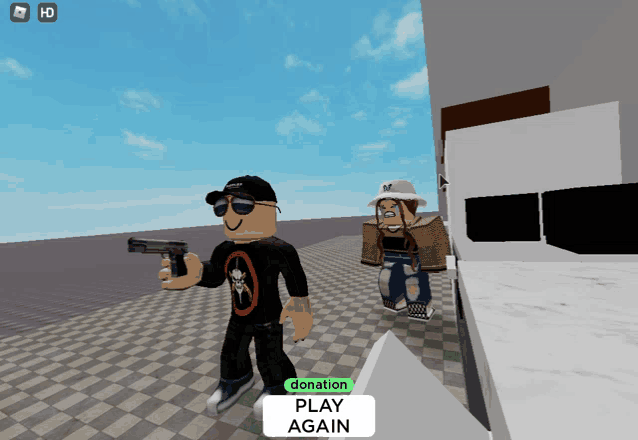 a man holding a gun in a video game with a donation play again button below him