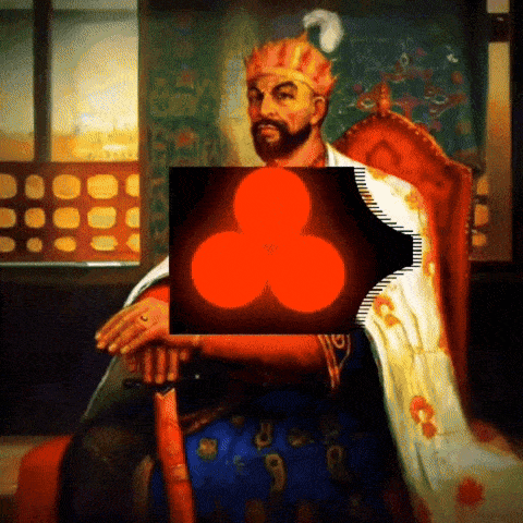 a painting of a man sitting in a chair with a red clover in front of him