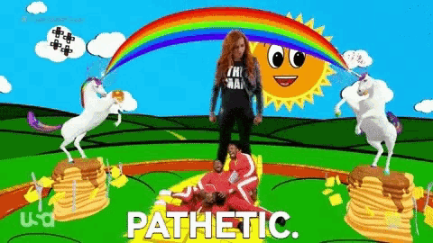 a cartoon of a woman standing next to a stack of pancakes surrounded by unicorns and a rainbow .