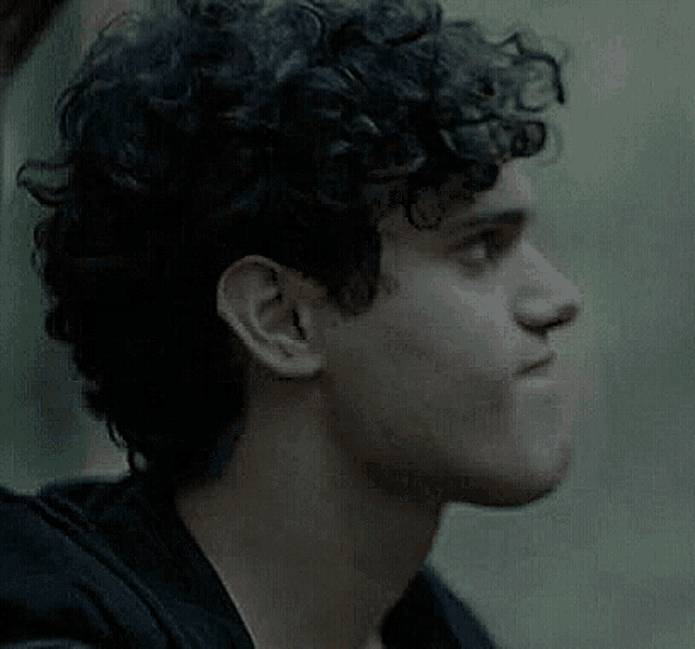 a close up of a man 's face with curly hair looking to the side .