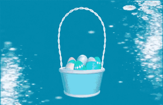 a bucket filled with easter eggs is surrounded by daisies