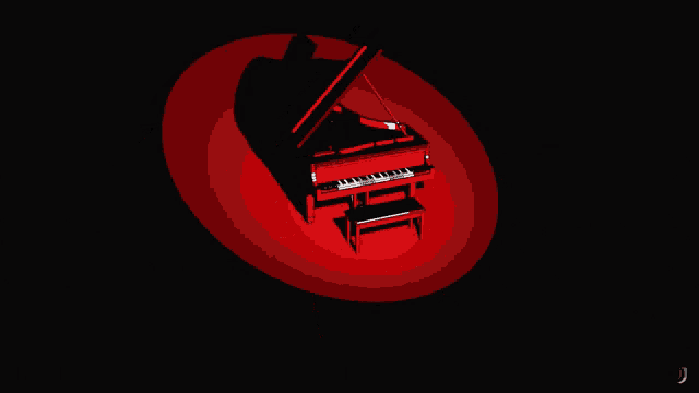 a red grand piano with a black background