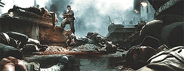 a man in a gas mask stands in a battle scene
