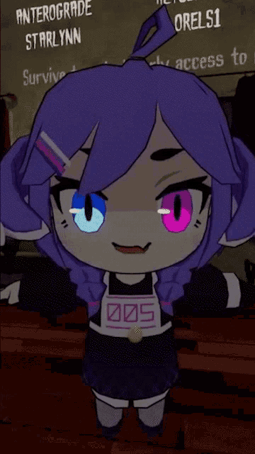 a cartoon girl with purple hair and blue and pink eyes has the number 005 on her chest