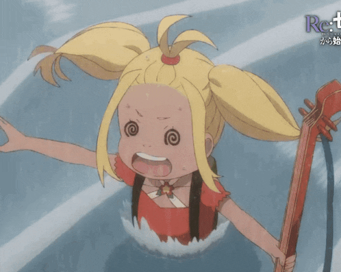 a girl in a ponytail is holding a sword in front of a sign that says ret