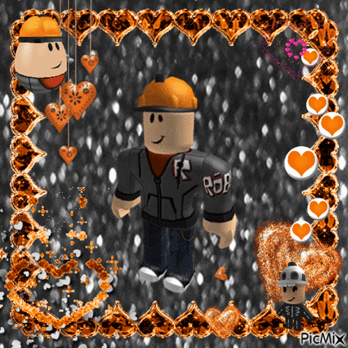 a picture of a roblox character surrounded by hearts and says picmix