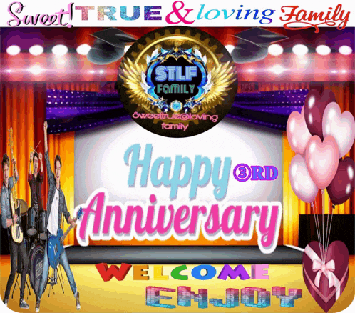 a poster that says ' happy ord anniversary welcome enjoy ' on it