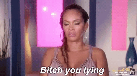 a woman says bitch you lying in front of a pink background