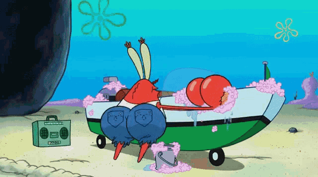 a cartoon character with a boombox next to him that says ' spongebob ' on it