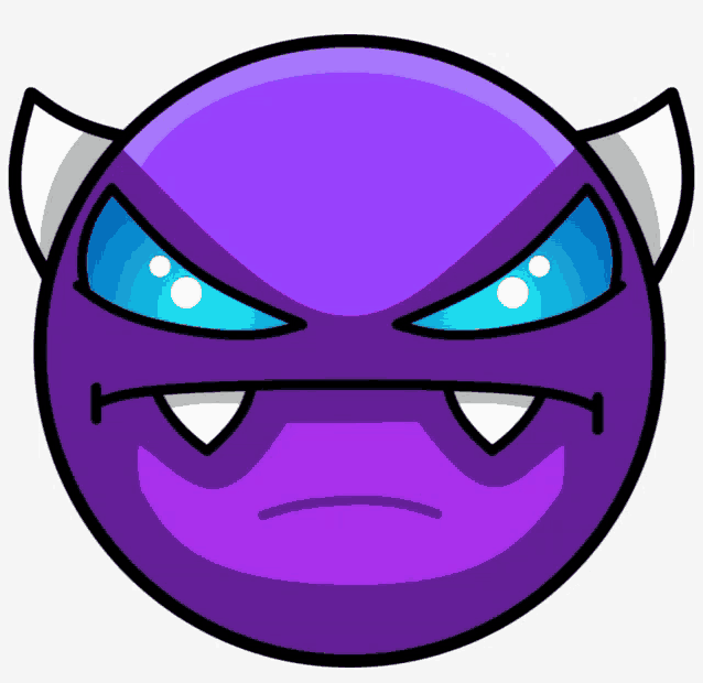 a purple circle with horns and teeth looks angry