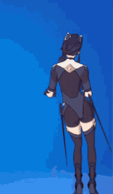 a woman in a nun costume is standing in front of a blue background holding two swords