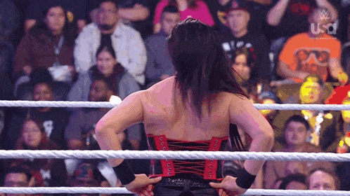 a woman in a red corset is standing in a wrestling ring with her back to the camera .