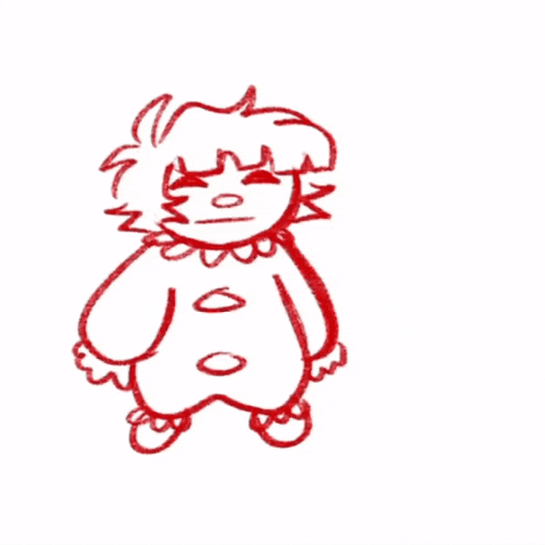 a red and white drawing of a monster with a flower in its hand .