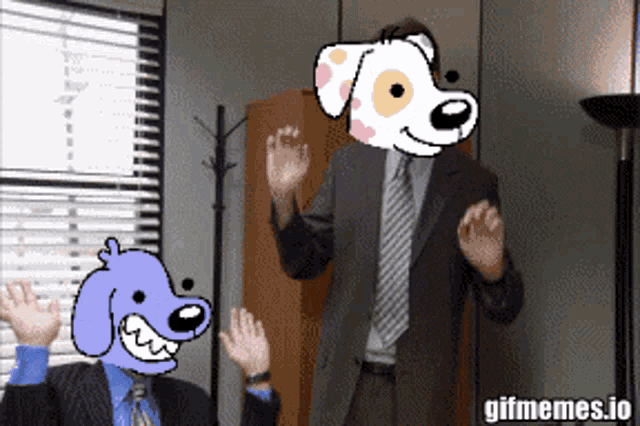 a man in a suit and tie with a dog 's head on his head