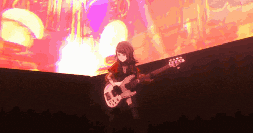 a girl is playing a bass guitar in a video game