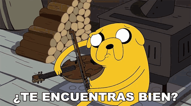 a cartoon of a dog playing a violin with the words te encuentras bien below it