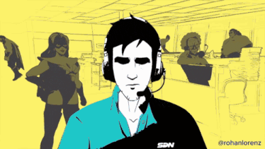 a drawing of a man wearing headphones with the sdn logo on his shirt