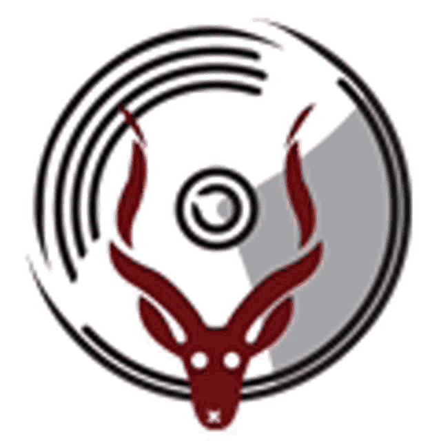 a deer with antlers is sitting in a circle with a cd in the background .