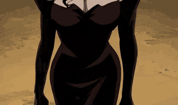 a woman in a black dress and gloves is walking in the sand .