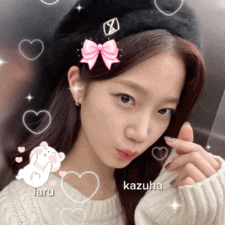 a girl wearing a black beret with a pink bow and the name kazuha on the bottom