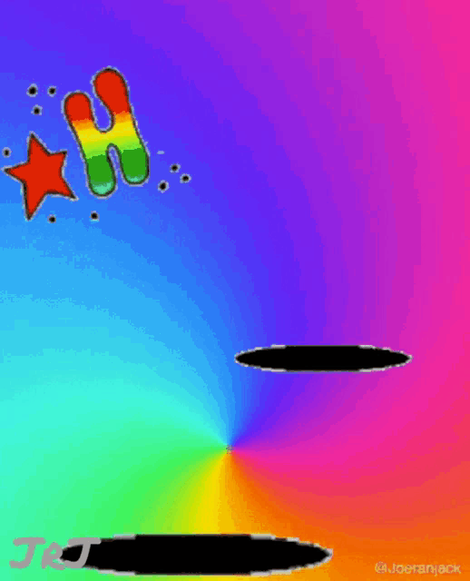 a rainbow colored background with the letter h and a red star