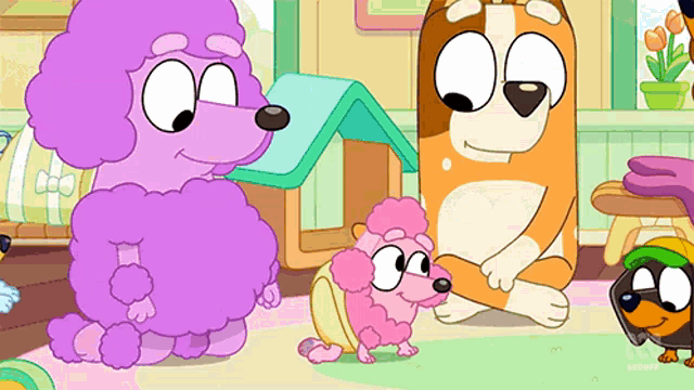 a group of cartoon animals including a purple poodle and a brown dog
