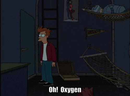 a cartoon character says oh oxygen in a dark room with a hammock