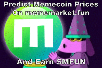 a purple wizard is holding a crystal ball with a memecoin logo on it