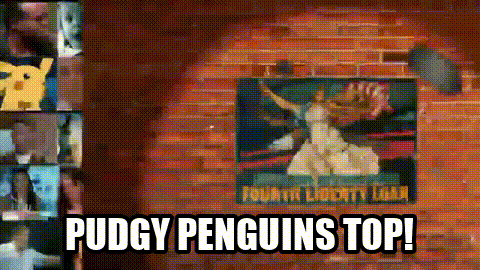 a poster on a brick wall that says " pudgy penguins top " on it