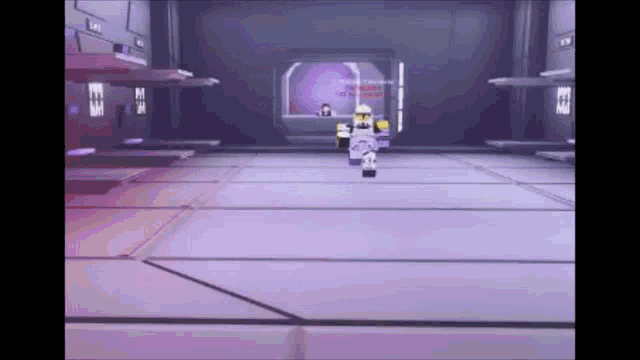 a lego character is standing in a room with a purple wall .