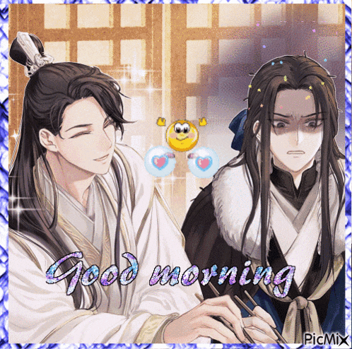 a picture of two men with the words good morning written on it