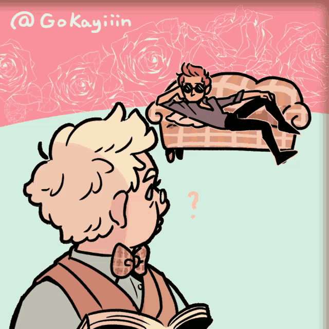 a cartoon drawing of a man reading a book and another man laying on a couch with a question mark