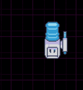 a pixel art of a water cooler with a speech bubble