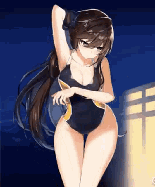 a cartoon girl in a swimsuit is standing in front of a window .