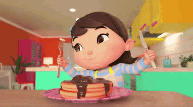 a cartoon girl is holding a fork and knife over a plate of pancakes