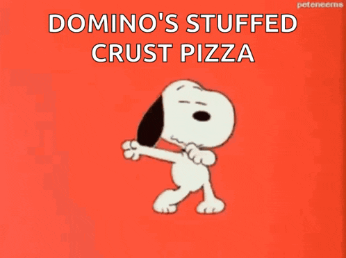 a cartoon of snoopy dancing with the words domino 's stuffed crust pizza