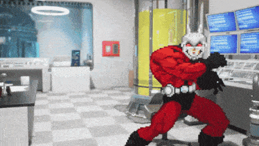 a pixel art drawing of a man in a red costume holding a gun