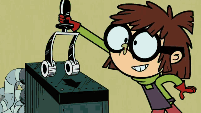 a cartoon character with glasses is holding a tool
