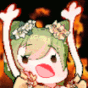 a cartoon of a girl with green hair and flowers in her hair raising her arms in the air .