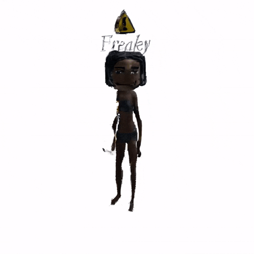 a cartoon character named freaky with a warning sign above her head