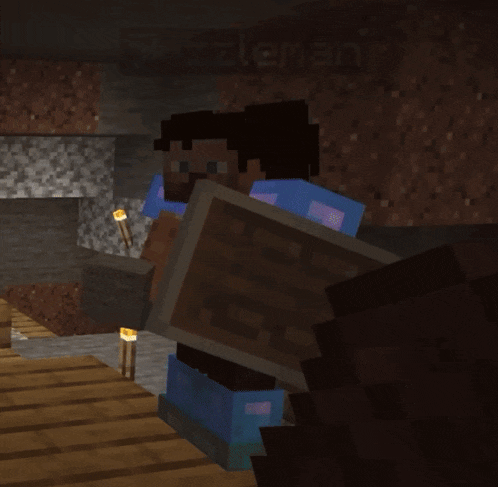 a man in a minecraft video game is holding a sword and shield