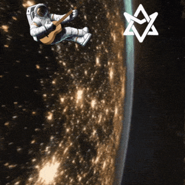 an astronaut playing a guitar in space with a white star in the background