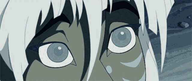 a cartoon character with white hair and blue eyes