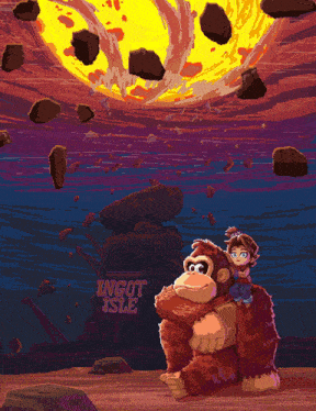 a pixel art drawing of a monkey and a girl with the words " ingot isle " on the bottom right