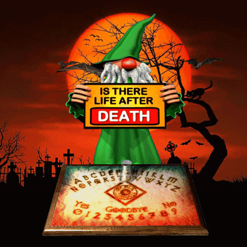 a gnome holding up a sign that says " is there life after death "