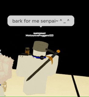 a cartoon character with a sword and a speech bubble that says " bark for me senpai "