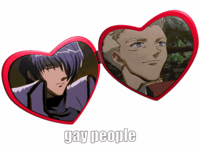 a heart shaped mirror with a picture of two anime characters and the words gay people below it