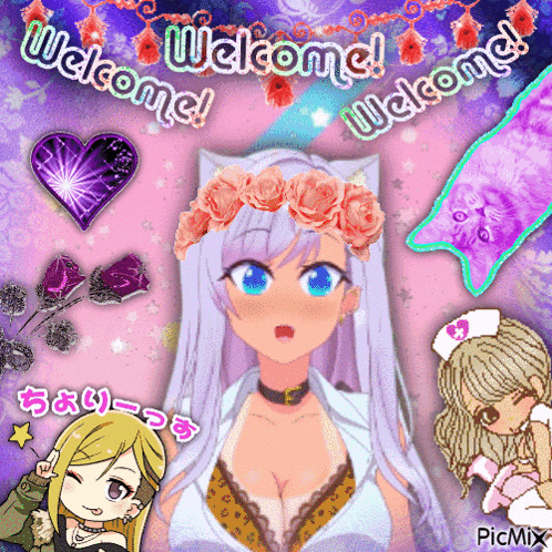 a girl with a flower crown on her head is surrounded by other anime characters and the words welcome